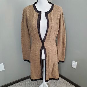BCBG MaxAzria Cardigan Sweater Womens XL Brown Cable Knit Waist Tie Long New